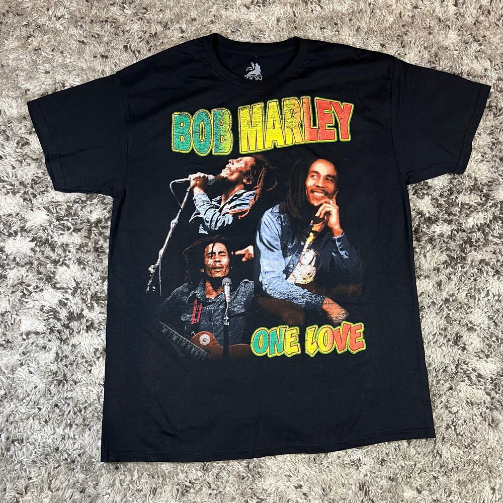 Bob Marley Men T-Shirt L Gray Zion Tee One Love Graphic Short Sleeve‎